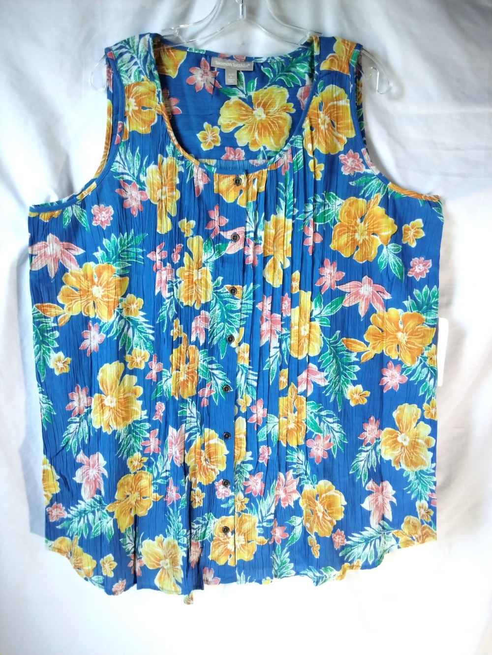 Woman Within Blue Floral Pleated Tank Top with Yellow & Pink Flowers